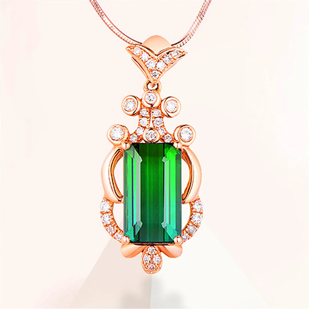 Emerald Gemstone Pendant Necklace 18k Rose Tone Diamond Vintage Jewelry