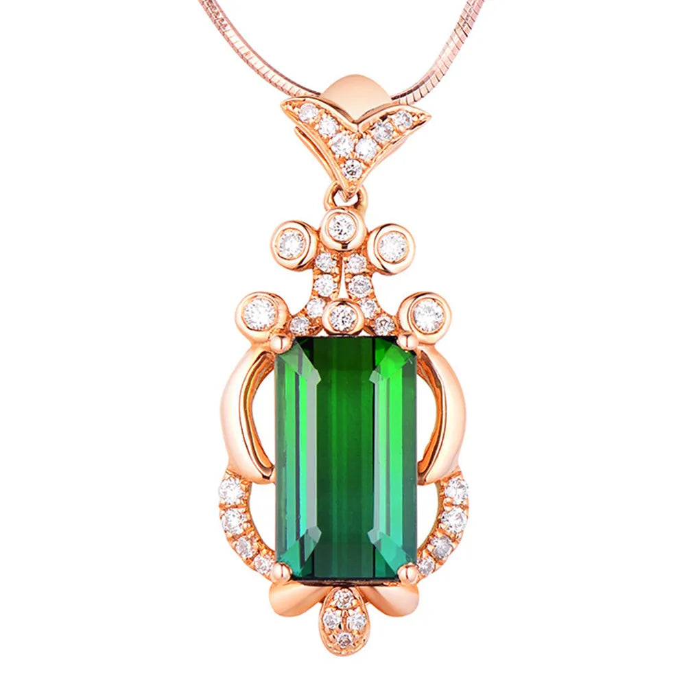 Emerald Gemstone Pendant Necklace 18k Rose Tone Diamond Vintage Jewelry