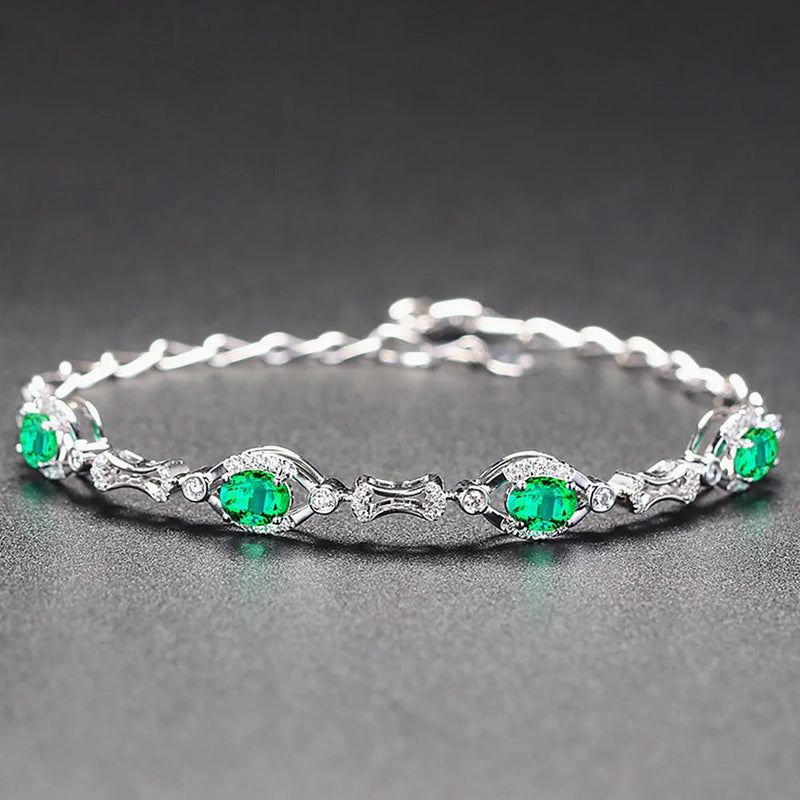 Emerald Gemstone Diamond Chain Bracelet Silver Jewelry for Women