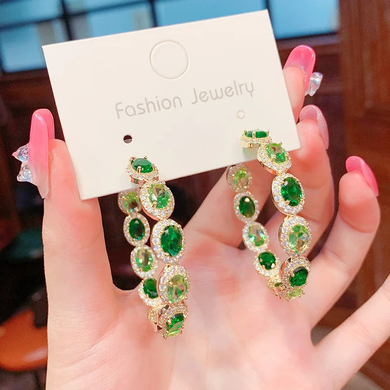 Green Gem Circle Earrings Large Hoop Jewelry
