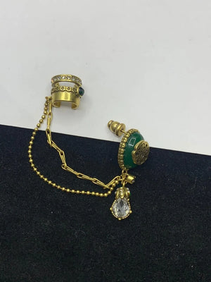 Green Geometric Fringe Earrings with Bone