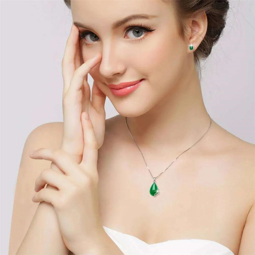 Green Jade Pendant Necklace Women Choker Silver Gemstones Emerald Agate Jewelry