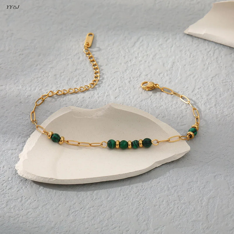 Malachite Beads Bracelet for Women Stainless Steel Ethnic Jewelry
