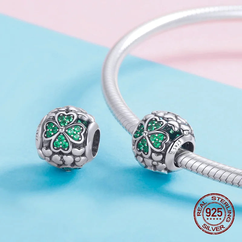 Green Zircon Clover Round Beads for Bangle Bracelet Charm 925 Sterling Silver