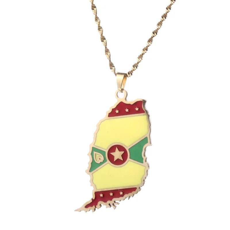 Grenada Island Map Flag Pendant Water Wave Necklace