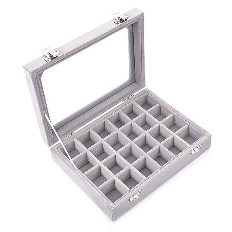 Velvet Glass Jewelry Box Organizer Rings Earrings Tray Display Storage Case