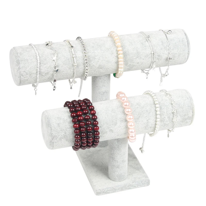 Grey Velvet Bracelet Display 2layers Chain Watch T-Bar Storage Rack