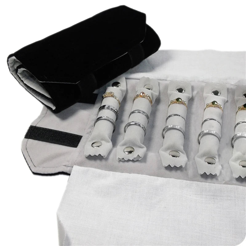 Grey Velvet Jewelry Portable Carrying Bag Rings Travel Roller Cases