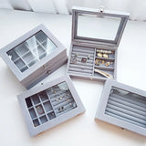 Grey Velvet Jewelry Storage Box with Glass Cover