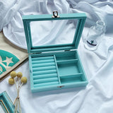 Grey Velvet Jewelry Storage Box with Glass Cover