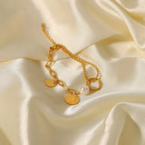 Stainless Steel Coin Pendant Pearl Bead Chain Bracelet