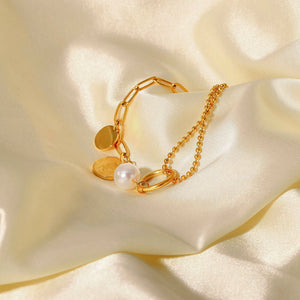 Stainless Steel Coin Pendant Pearl Bead Chain Bracelet