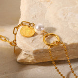 Stainless Steel Coin Pendant Pearl Bead Chain Bracelet