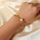 Stainless Steel Coin Pendant Pearl Bead Chain Bracelet