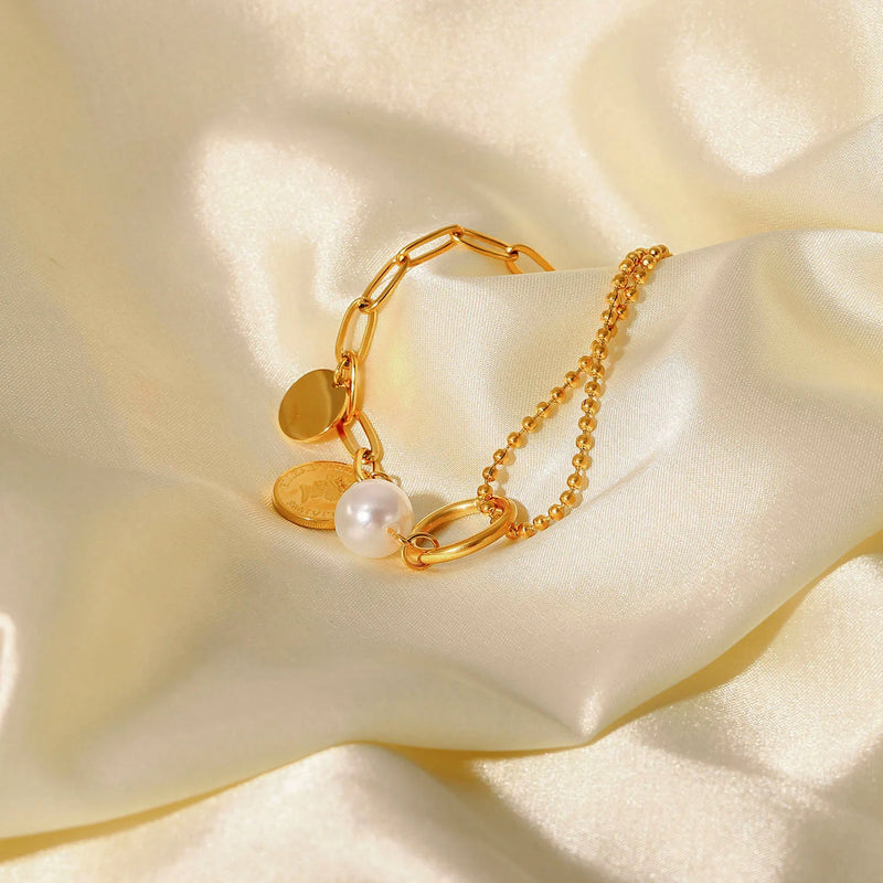 Stainless Steel Coin Pendant Pearl Bead Chain Bracelet