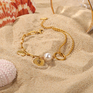 Stainless Steel Coin Pendant Pearl Bead Chain Bracelet