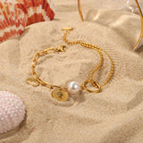 Stainless Steel Coin Pendant Pearl Bead Chain Bracelet