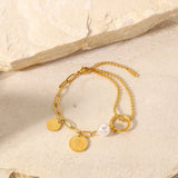 Stainless Steel Coin Pendant Pearl Bead Chain Bracelet