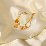 Stainless Steel Coin Pendant Pearl Bead Chain Bracelet