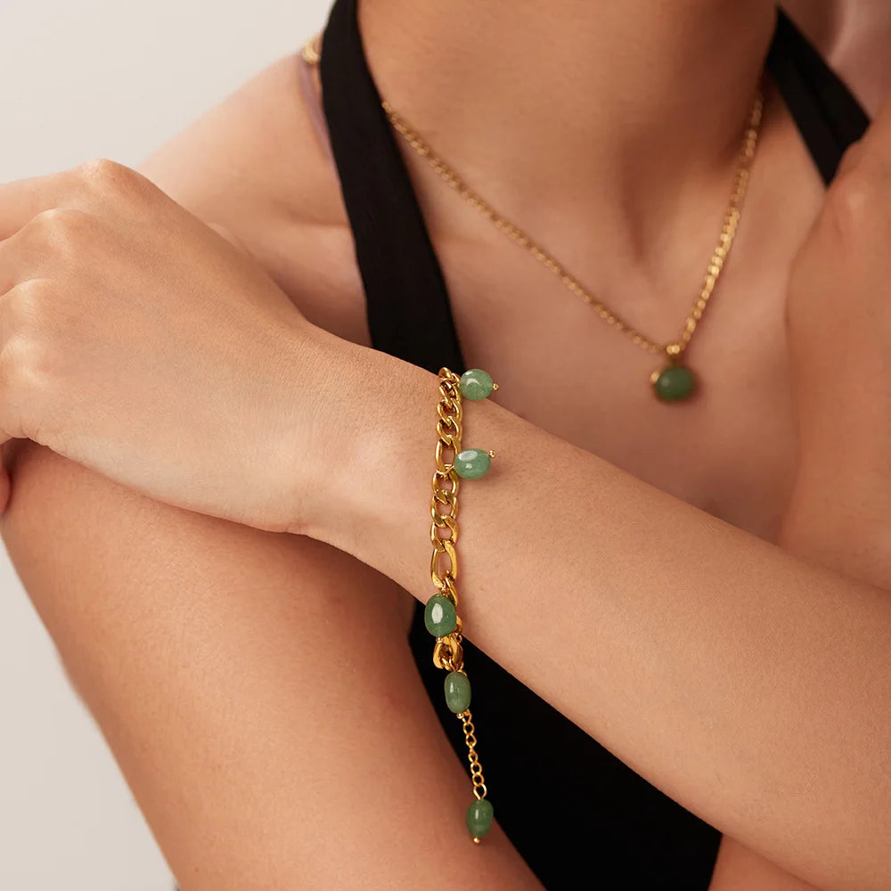 Green Natural Stone Tassel Pendant Bracelets Vintage For Women