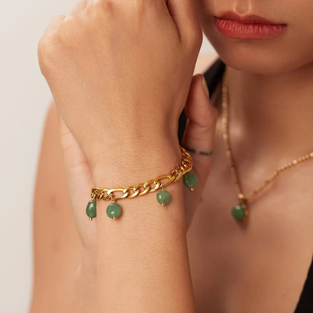 Green Natural Stone Tassel Pendant Bracelets Vintage For Women