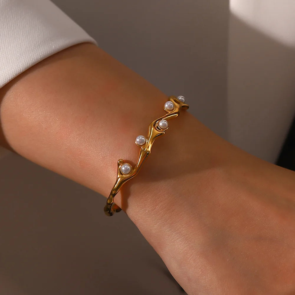 Vintage Pearl Stone Open Bracelet for Women
