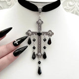 Gothic Cross Tassel Pendant Choker Necklace for Women