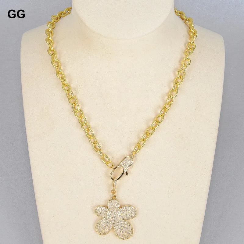 GuaiGuai 17'' Gunmetal Chain Necklace with Cz Pave Flower Charm
