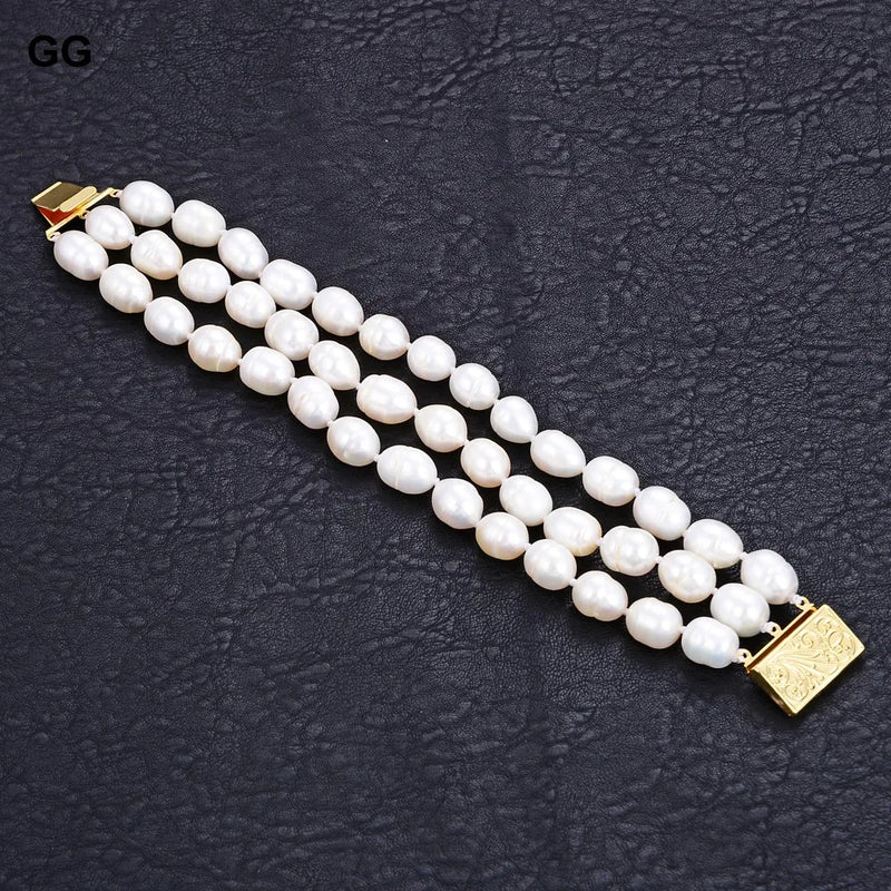 GuaiGuai 3 Strand 12MM Rice Pearl Bracelet Women