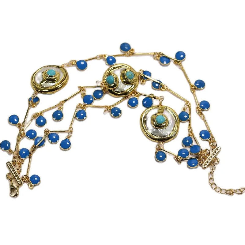 3 Strands Keshi Coin Pearl Golden Turquoises Enamel Chain Bracelet