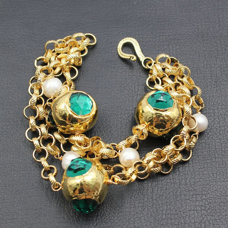 GuaiGuai 4 Strand Natural Pearl Green Crystal Chain Bracelet
