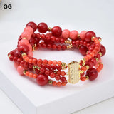 GuaiGuai 5-Row 8'' Round Red Pink Coral Bracelet Women