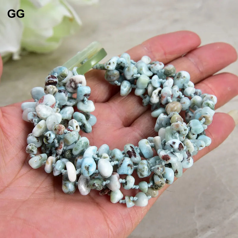 6 Rows Natural Larimar Stone Chips Bracelet Lady Girl Jewelry