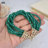 Green Agates Bracelet 7 Strands 8'' Cz Clasp Women