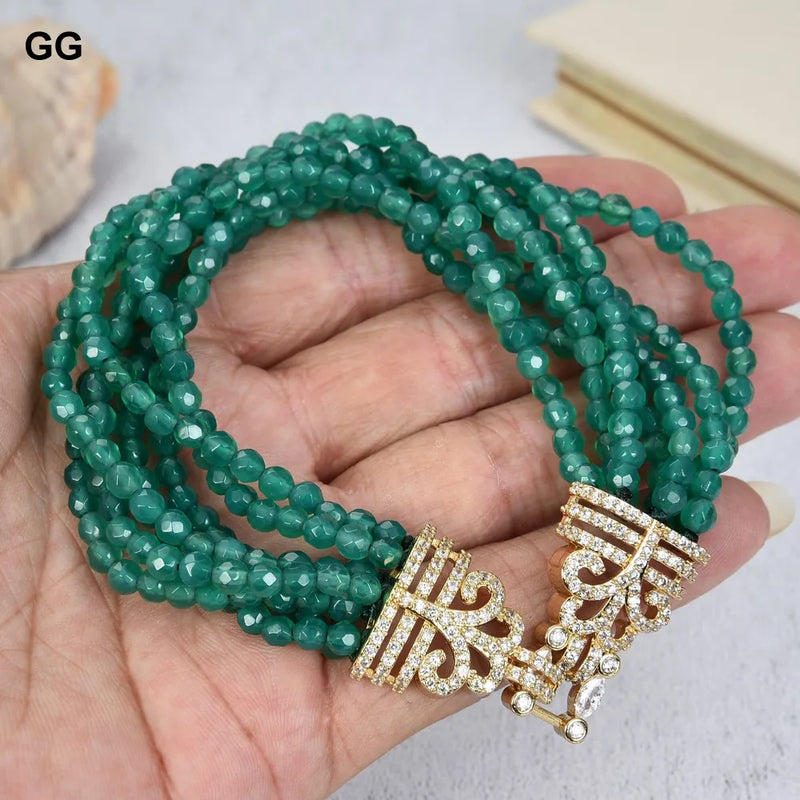 Green Agates Bracelet 7 Strands 8'' Cz Clasp Women