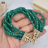 Green Agates Bracelet 7 Strands 8'' Cz Clasp Women