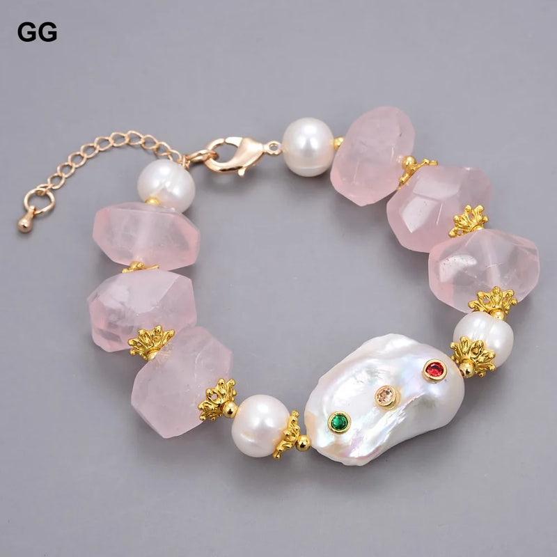GuaiGuai Keshi Pearl Rose Quartz Crystal Bracelet