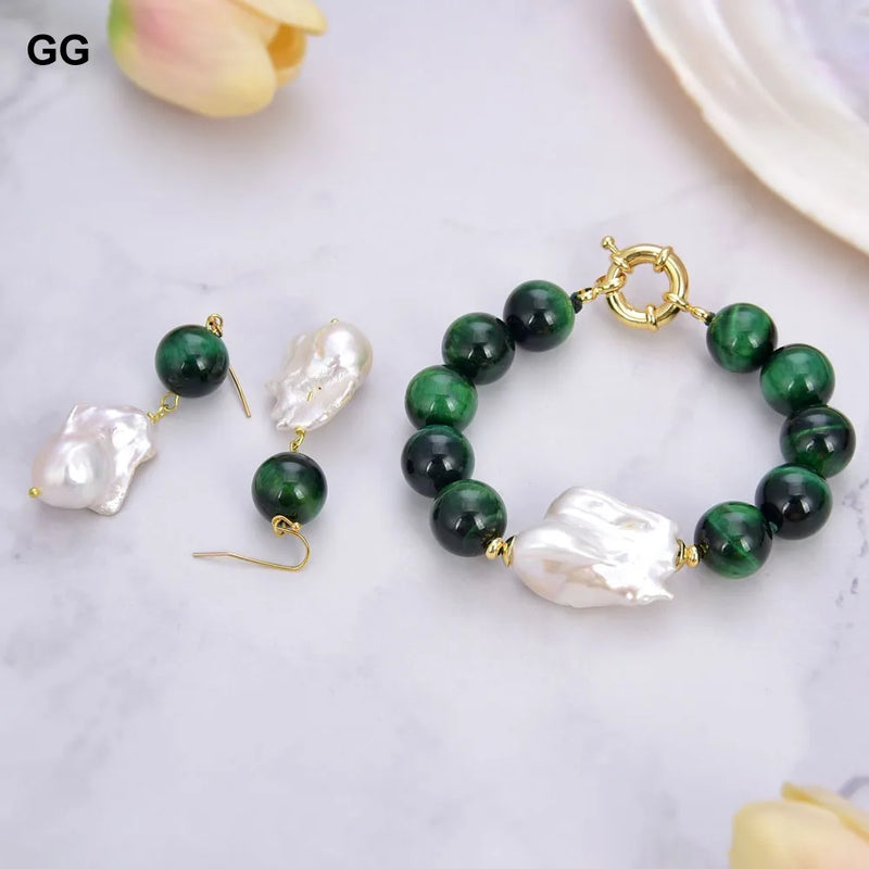 Keshi Pearl Green Tiger's Eye Bracelet Earrings Set