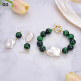 Keshi Pearl Green Tiger's Eye Bracelet Earrings Set