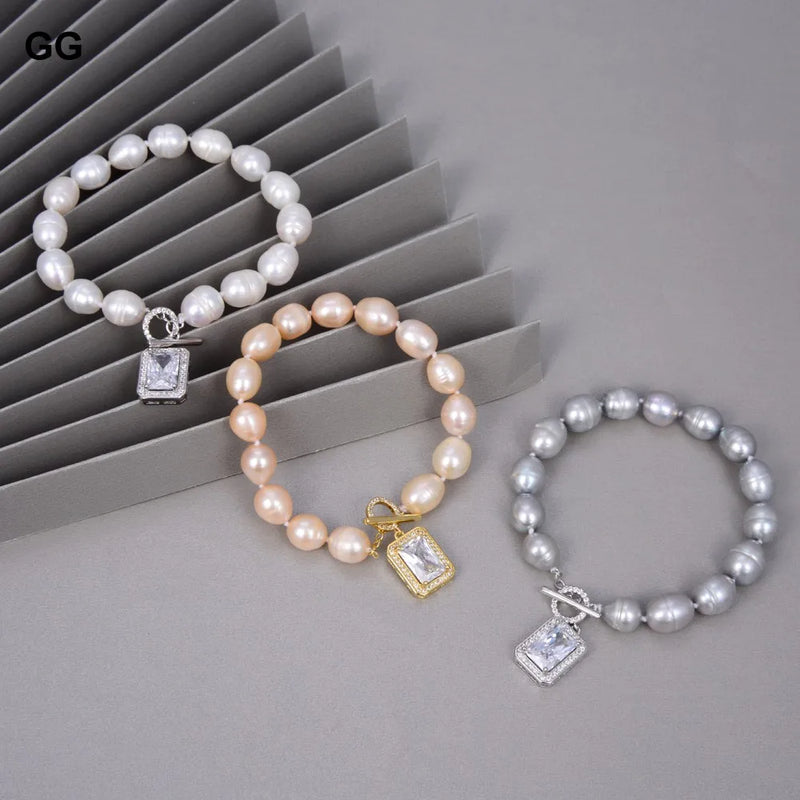 Freshwater Gray Pink Pearl Bracelet Cz Pave Toggle Clasp Girl Gift