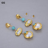 Natural Freshwater Biwa Pearl Coin Turquoise Drop Earrings