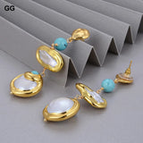 Natural Freshwater Biwa Pearl Coin Turquoise Drop Earrings