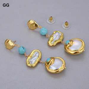 Natural Freshwater Biwa Pearl Coin Turquoise Drop Earrings