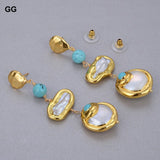 Natural Freshwater Biwa Pearl Coin Turquoise Drop Earrings