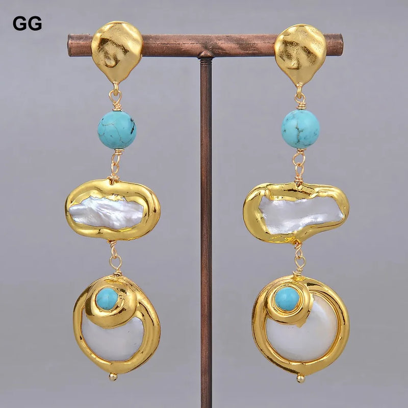 Natural Freshwater Biwa Pearl Coin Turquoise Drop Earrings