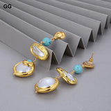 Natural Freshwater Biwa Pearl Coin Turquoise Drop Earrings