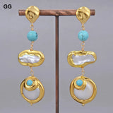 Natural Freshwater Biwa Pearl Coin Turquoise Drop Earrings