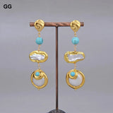 Natural Freshwater Biwa Pearl Coin Turquoise Drop Earrings