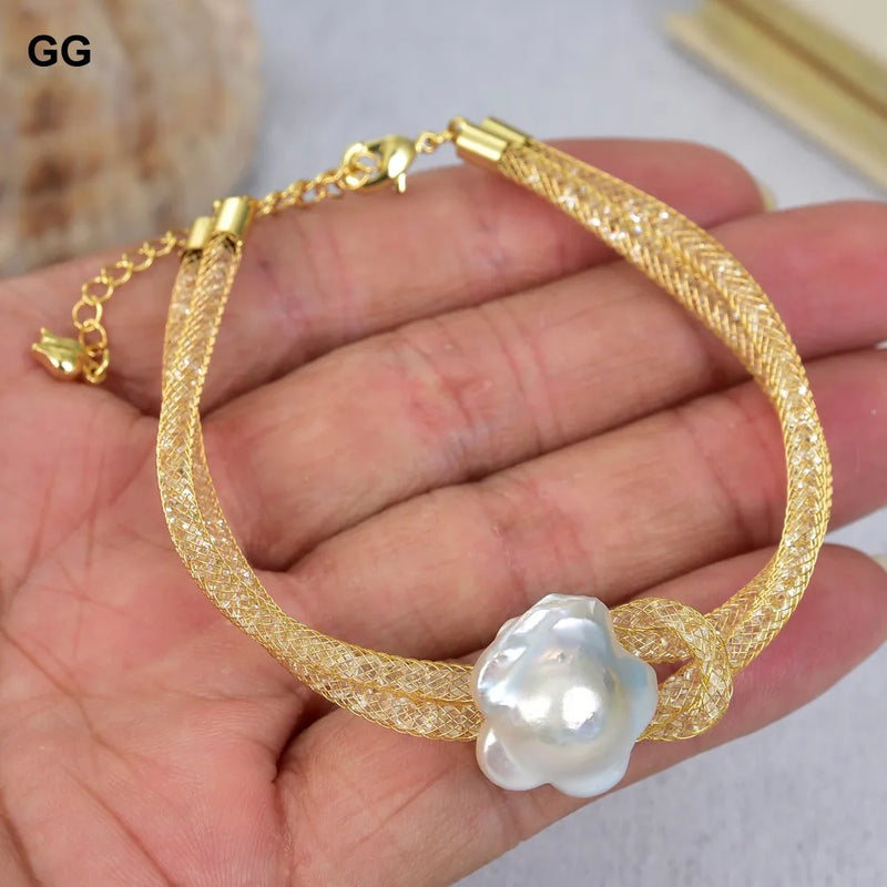 Natural Plated Loop Bracelet with Keshi Flower Pearl Bangle
