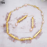 Natural Lepidocrocite Quartz Druzy Pink Pearl Necklace Earrings Set